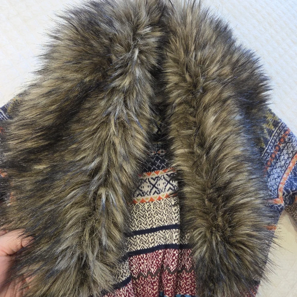 Anthro Angel of the North Faux Fur Collar Long Cardigan Lambswool Sweater XS - Picture 12 of 13